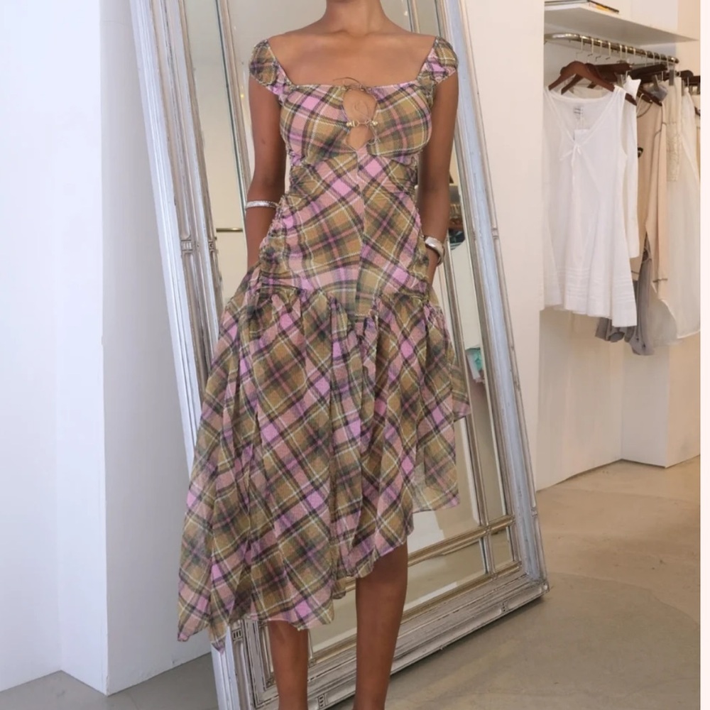 Taottao Plaid Puff Chiffon Asymmetrical Dress Smooky Plaid
